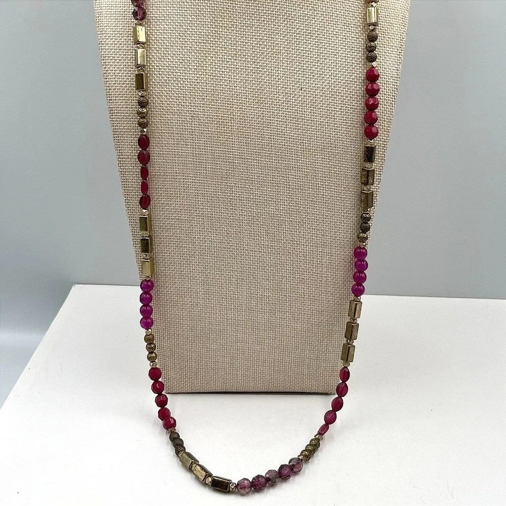 Vintage Red Bead Necklace‎ Gold Tone Accents Long Statement Costume Jewelry Y2K